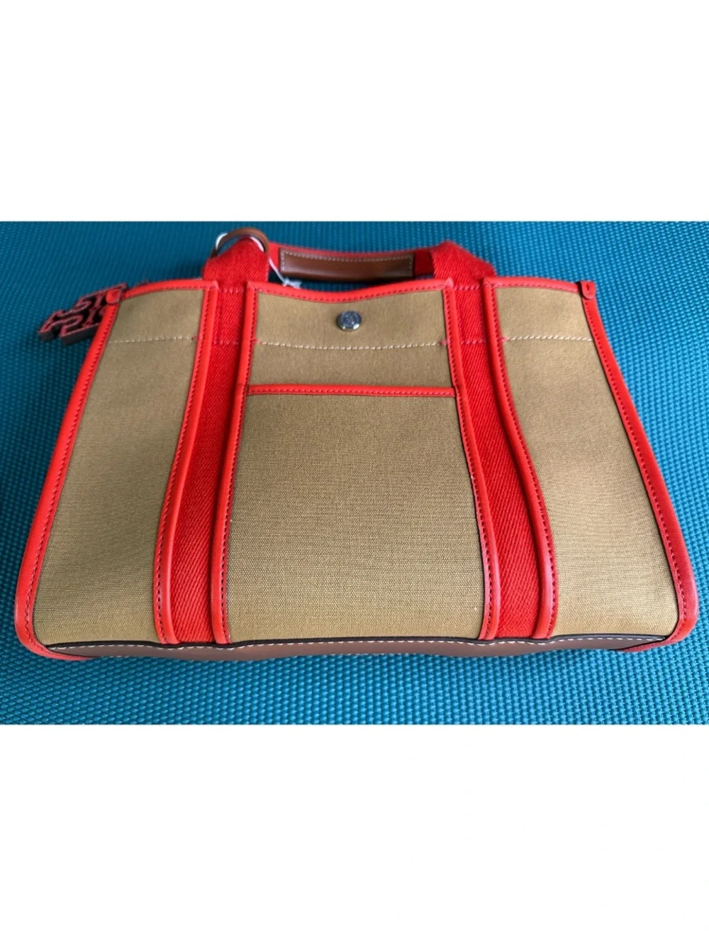 Tory Burch Brown Orange Tory Small Twill Canvas Tote Handbag
